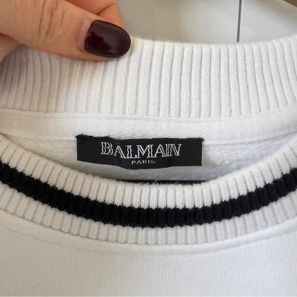 BALMAIN Men’s Cotton and Velvet Logo Sweatshirt in White and Black - Picture 7 of 11
